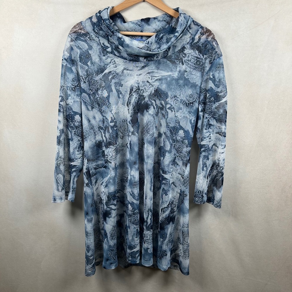 Jess & Jane M Sheer Mesh Tunic Top Cowl Neck Art to Wear Lagenlook Boho Floral